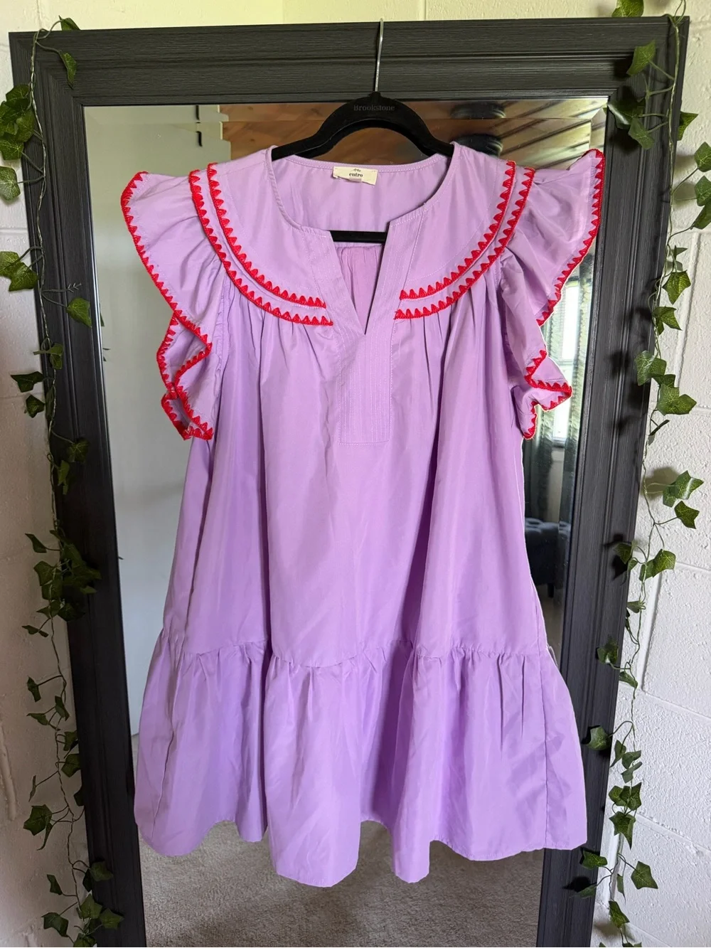 Entro Womens Lilac Ruffled Dress with Red Trim - Picture 2 of 7